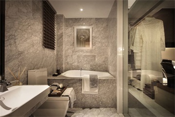 浴缸、洁具、装饰画、照明设计，共同营造出别具一格的卫浴情调。