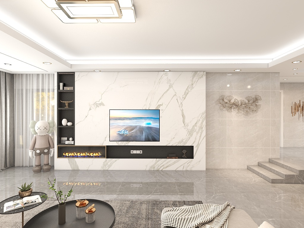 白色大理石背景墙简洁精致，电视机内嵌设计十分巧妙，L型收纳柜设计凸显生活品质。