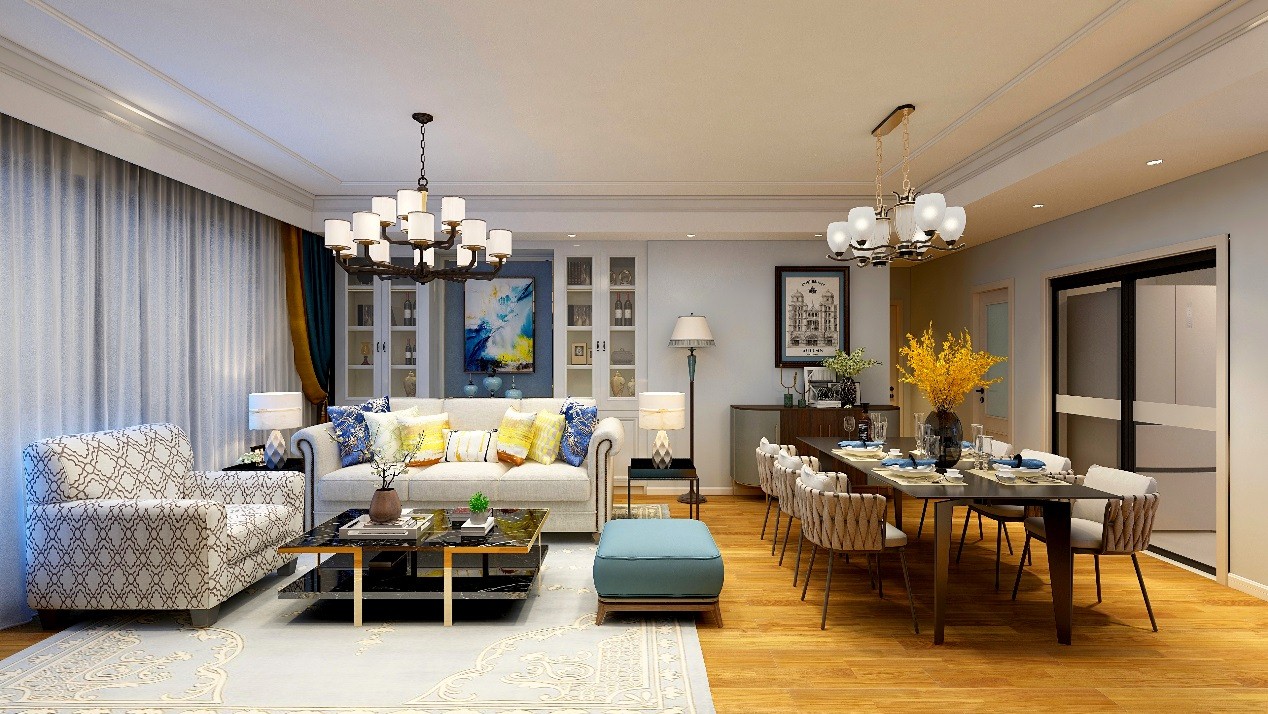 客厅餐厅一体化设计，空间颜色融合在一起，精美的家具显得华贵优雅。