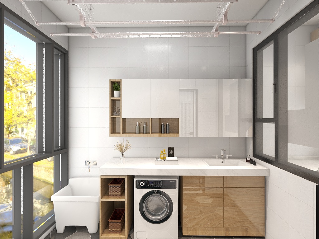 将洗衣机放置在阳台，提升了阳台的使用功能，白色吊柜与木色柜面相结合的方式，增加了洁净感。