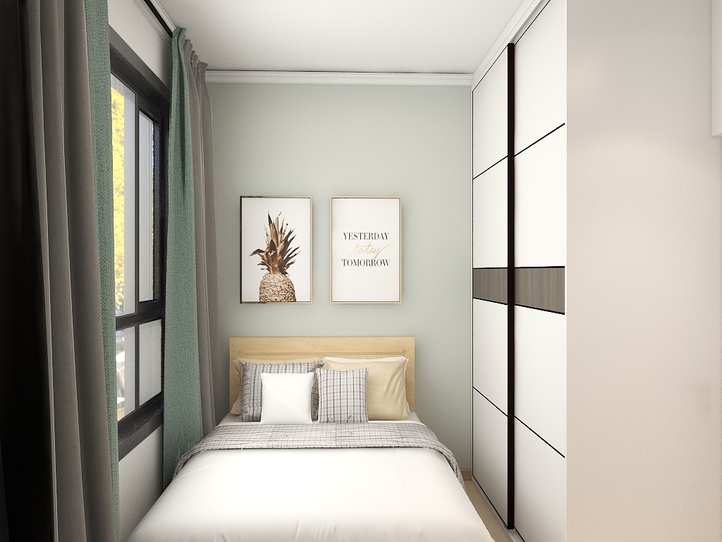 实木床舒适，搭配果木绿的背景墙设计，为业主带来愉悦的居住体验。