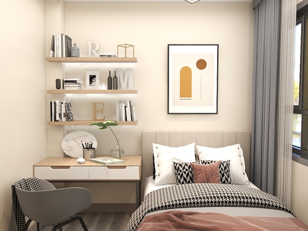 卧室运用米色作为背景墙，局部装饰画点缀，营造出淡淡的温馨美感。