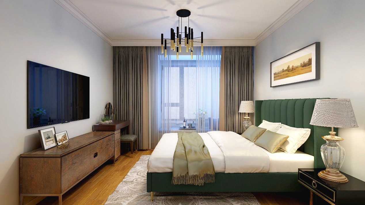 侧卧质朴的背景墙面，结合绿色床头，搭配黑金吊灯设计，空间显得宁静而沉稳。