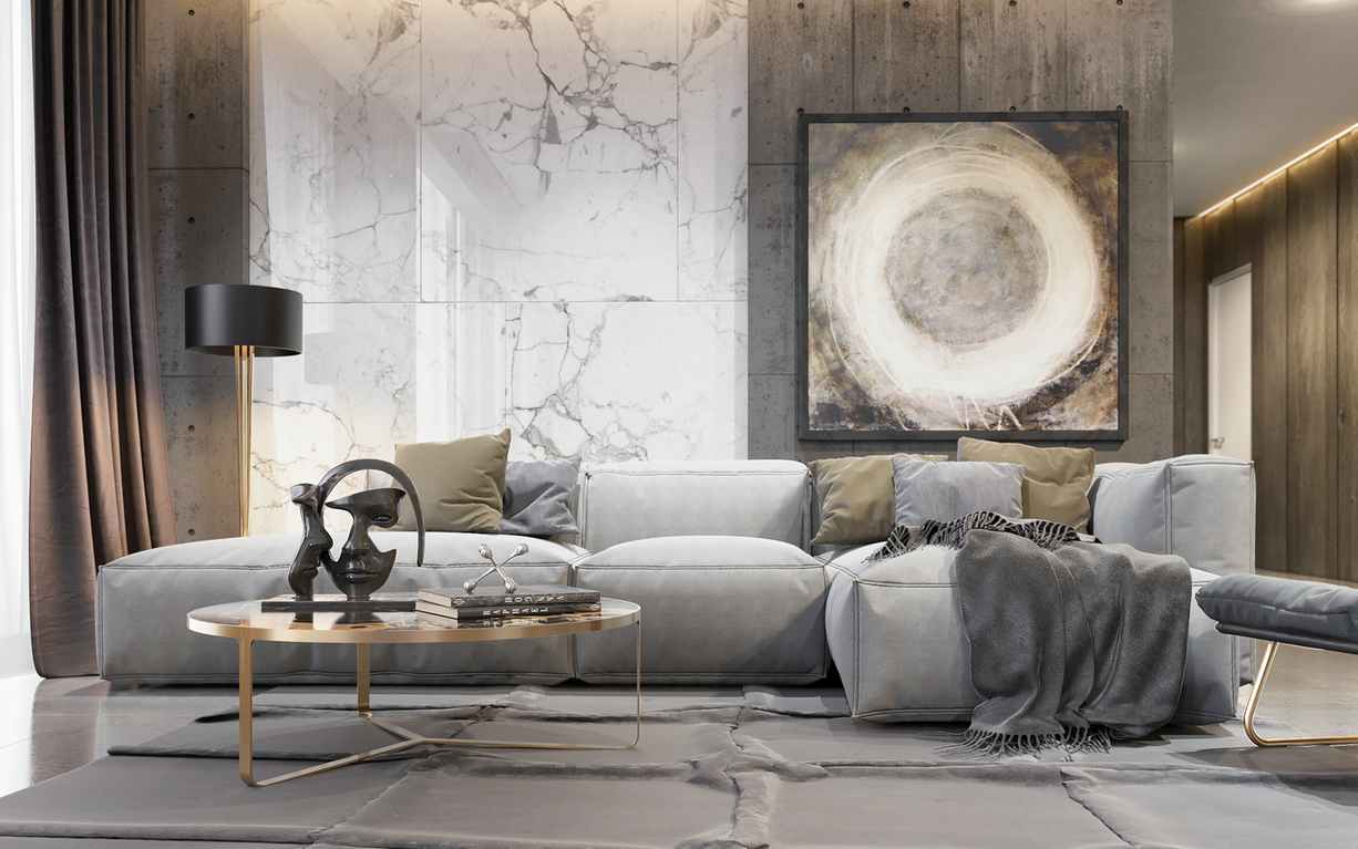 客厅墙选择大理石与木材拼接设计，搭配艺术画和灰色布艺沙发，立体感十足。