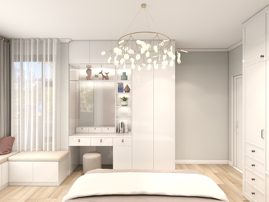衣柜和梳妆柜一体化设计节省室内占地面积,白色板材更显精致感.