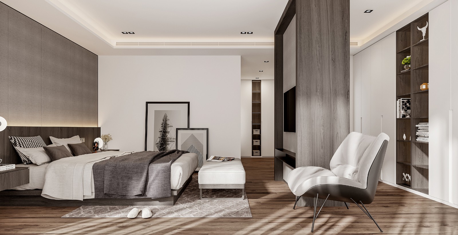 卧室中部采用实体隔断划分区域，并在墙面上加入电视机，更加符合现代人的生活方式。
