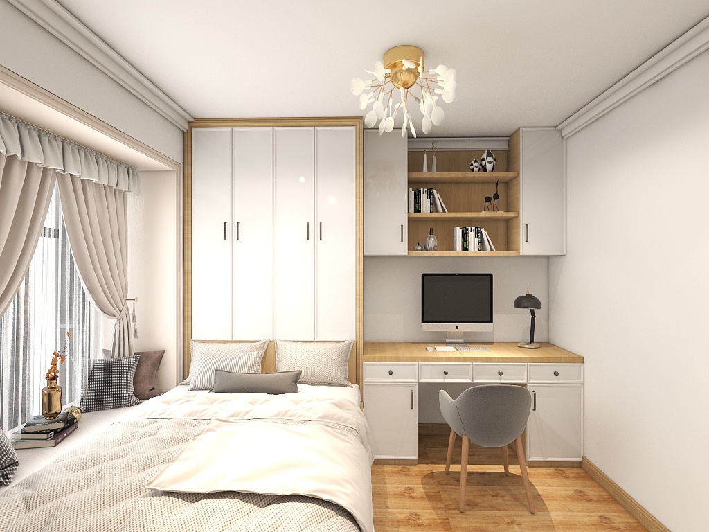 白色和原木色搭配，空间色感舒适而纯粹，一体化家具定制使房间整洁有序。