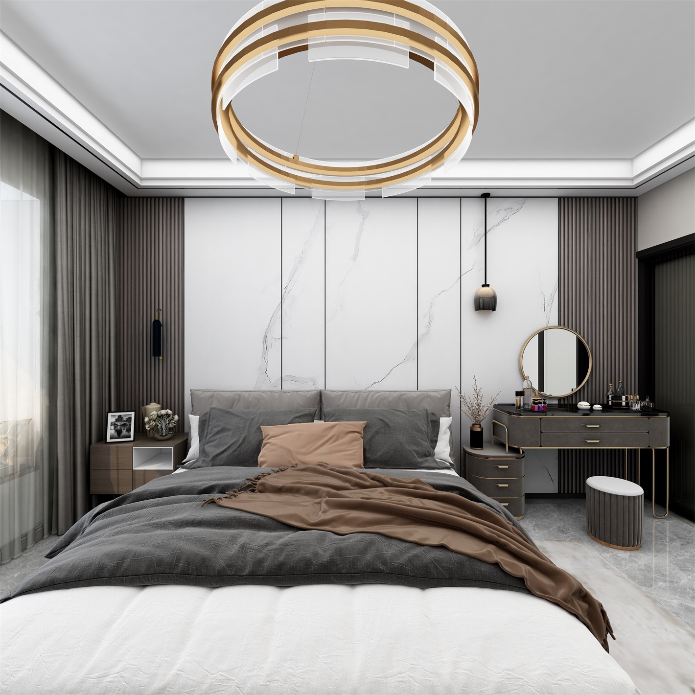 侧卧使用干净朴质的家具造型，营造出简约干练的睡眠空间，灯具造型吸睛。