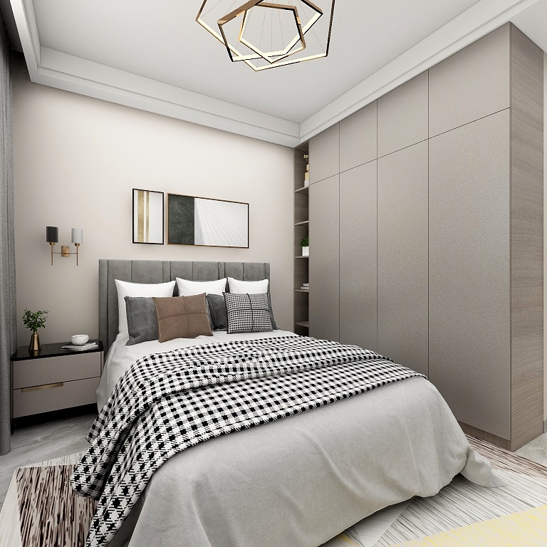 次卧的设计十分宁静，通过不同程度的灰色，营造出空间的层次感。