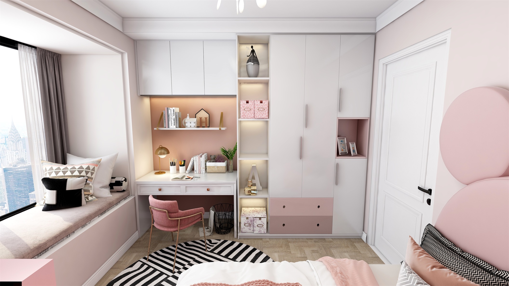 卧室以粉色系为主，床头米老鼠设计俏皮可爱，飘窗设计精致休闲。