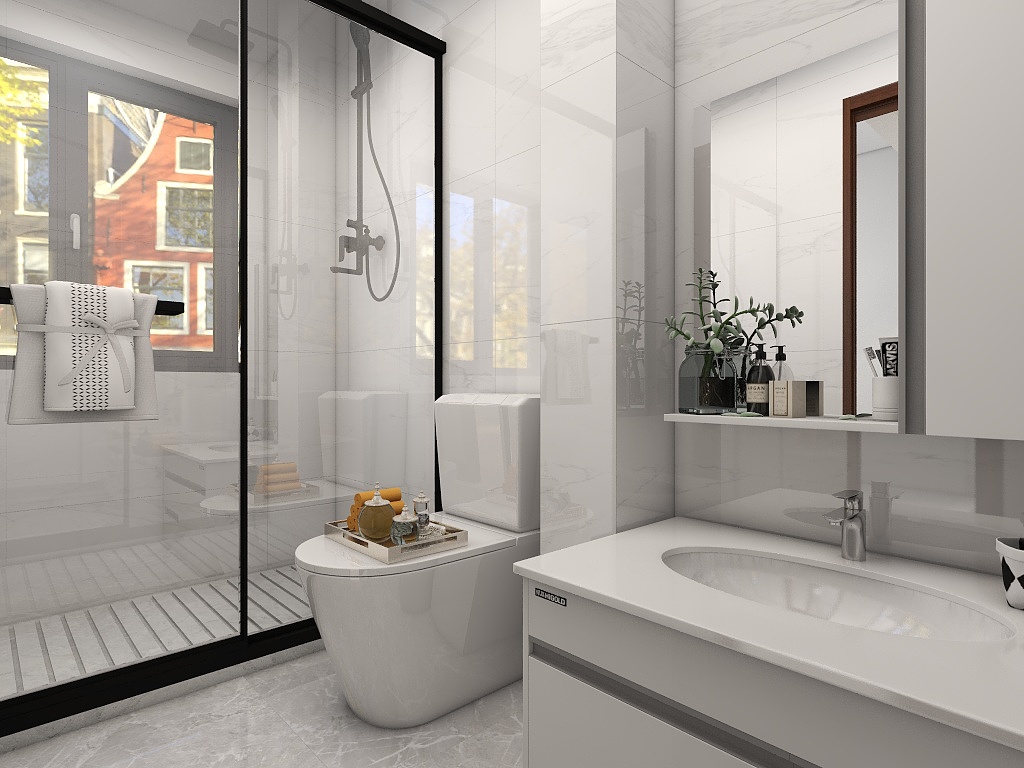 卫浴空间以白色为主，局部使用玻璃进行干湿分离设计，彰显出业主不凡的品味。