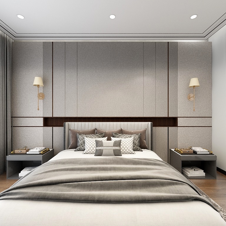 壁灯的对称设计营造出次卧空间和谐统一，搭配软装烘托，格外优雅。
