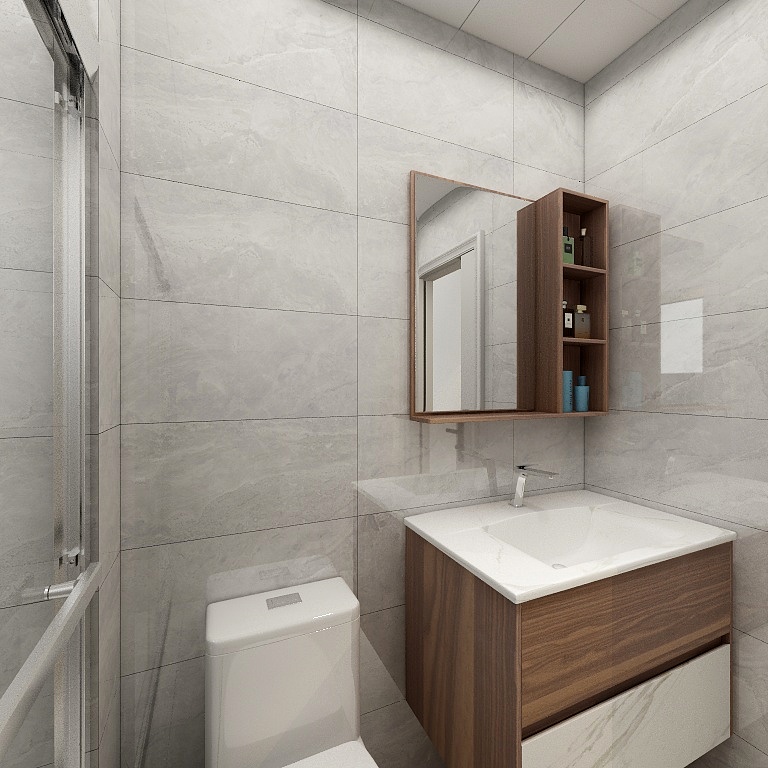 卫浴空间用色比较丰富，浅色背景中使用了木质线条勾勒，令空间兼具秩序与气度。