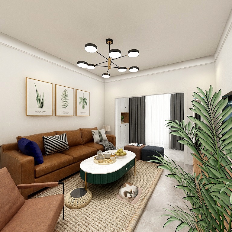 客厅设计简约方正，家具线条勾勒出精致的陈设，橘色皮质沙发突出现代感。