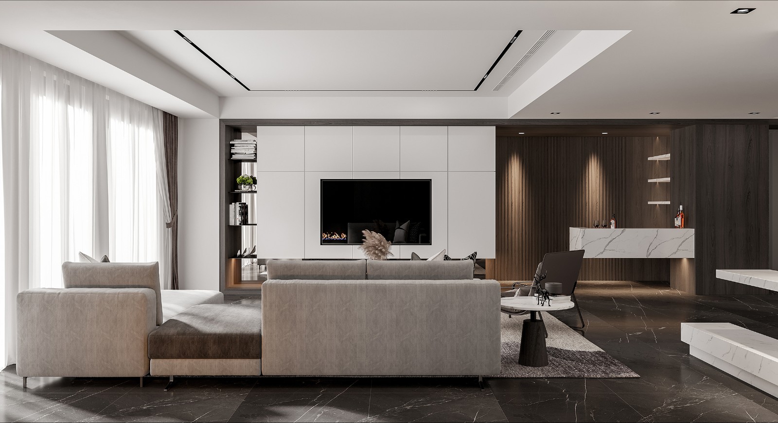 客厅空间动线能让主人自然的在家庭中穿梭，背景墙堆叠出丰富的空间层次感。