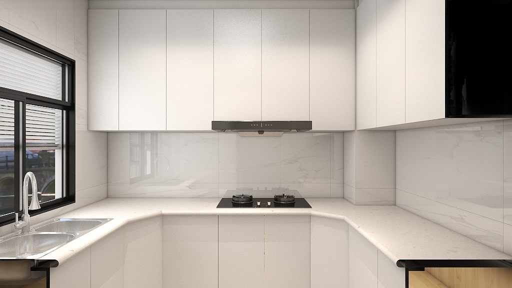 厨房整体白色基调为主，白色橱柜搭配白色工作台，时尚大气，使空间非常明亮。