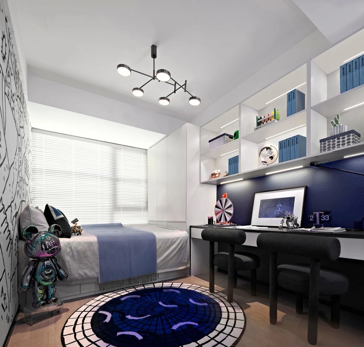儿童房采用灰白色与蓝色搭配，表达出克制与精简的空间情绪，童趣氛围感浓郁。
