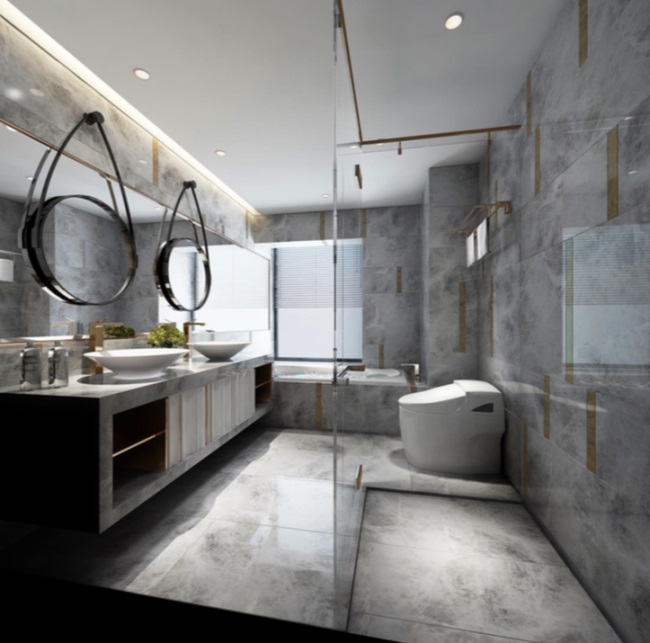灰色的墙面设计搭配灰色的地板，简洁明亮的氛围让卫浴空间显得更加舒适。