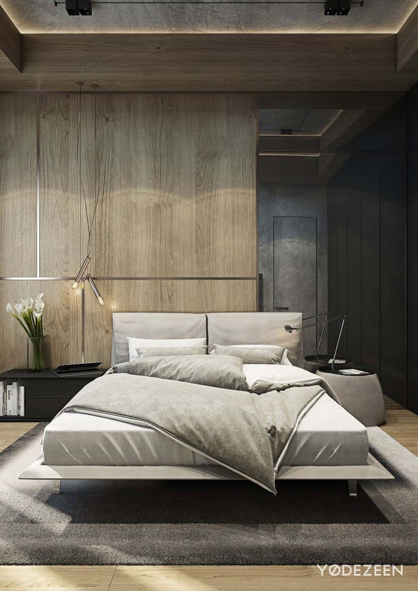 次卧床体悬空感较好，为空间带来些许呼吸感，原木元素呈现出浪漫柔和的氛围。