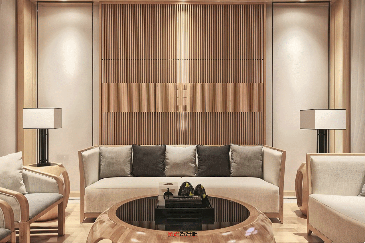 木质格栅背景呈现出东方意境之美，配以中式家具，呈现出潜藏于心灵的感染力。