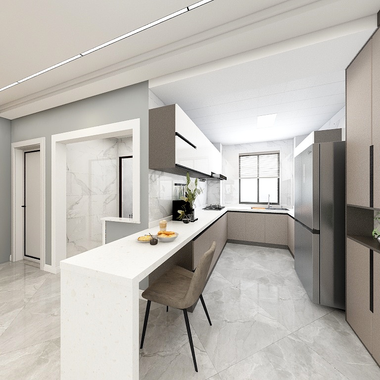 米色橱柜与白色工作台自然纯粹，软装搭配舒适，内敛的配色使厨房空间更加沉稳大气。