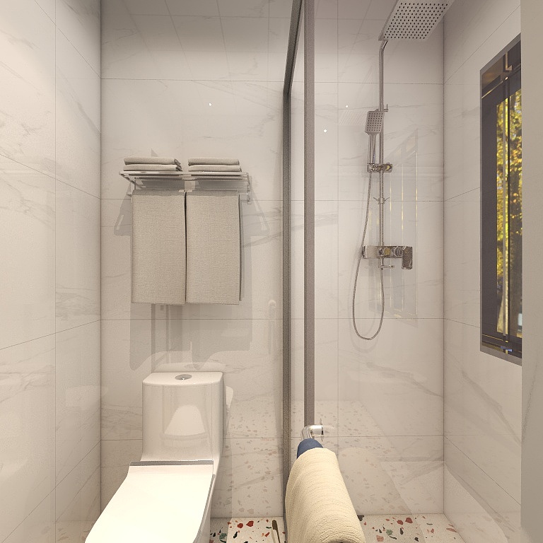 卫生间本身不大，通过干湿分离使空间更具层次感，视觉效果简单而温暖。