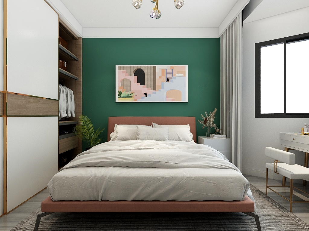 绿植的点缀给静谧的次卧空间带来了活力，绿色背景墙彰显文艺范。