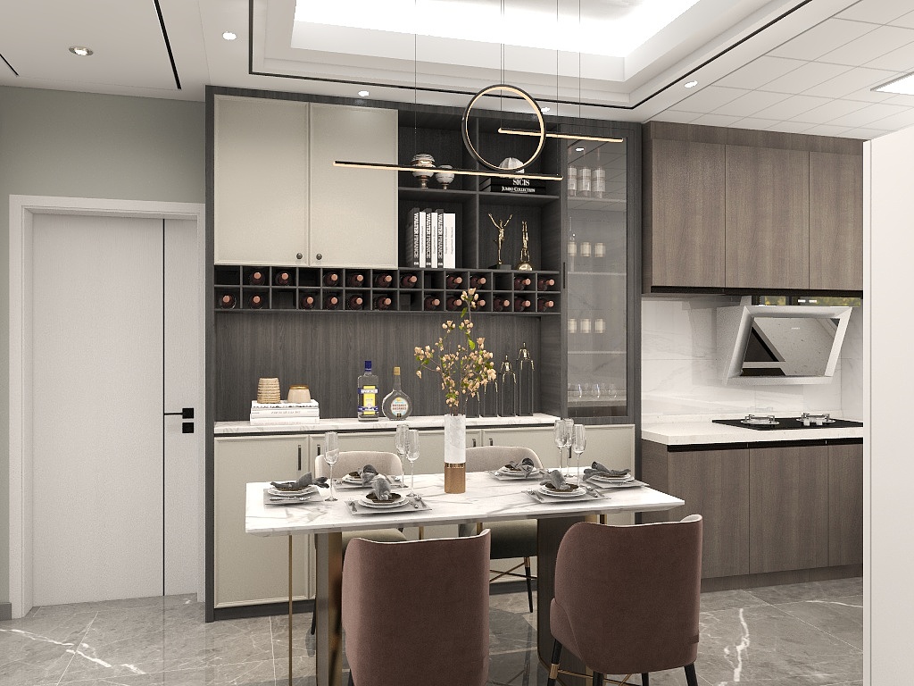 餐厅开放式设计，与厨房连接，带来开阔的空间感，显得用餐空间更加简约舒适。