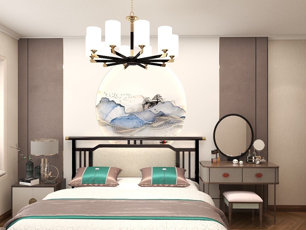中式床架、背景画、梳妆台，奠定了整个空间浓厚的东方艺术气息。