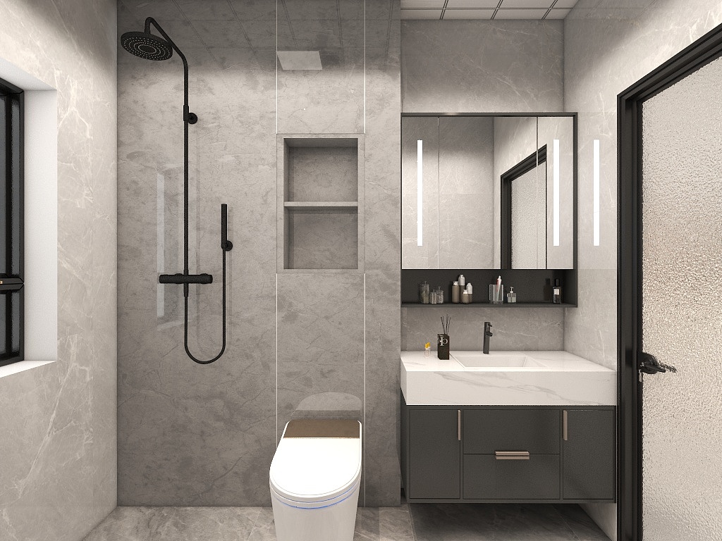 米色大理石铺贴看似简单随性，搭配白黑洁具，使卫浴空间充满精致感。 