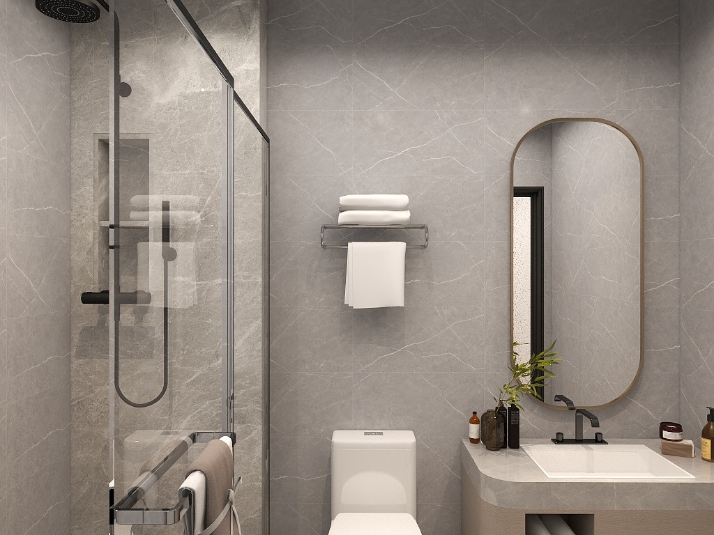 灰色卫生间十分规整，局部采用玻璃进行干湿分离，洗手台边角圆滑中式意味浓郁。 
