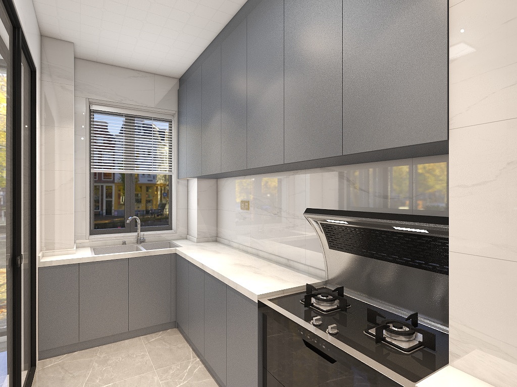 厨房空间整体简约格调，雾霾蓝橱柜搭配白色工作台，给人宁静和平的视觉感受。