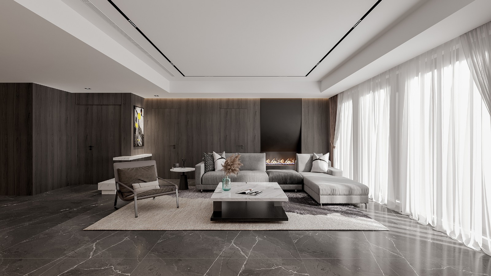 客厅背景墙使用木饰板打造，搭配灰色布艺沙发，在质朴的背景墙中，将中式质感融入其中。