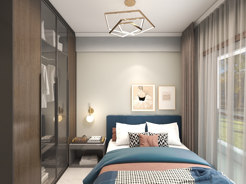 卧眠空间静谧华美，蓝色床头与优美的米色背景相结合，展现出轻奢风格的华丽与优雅。