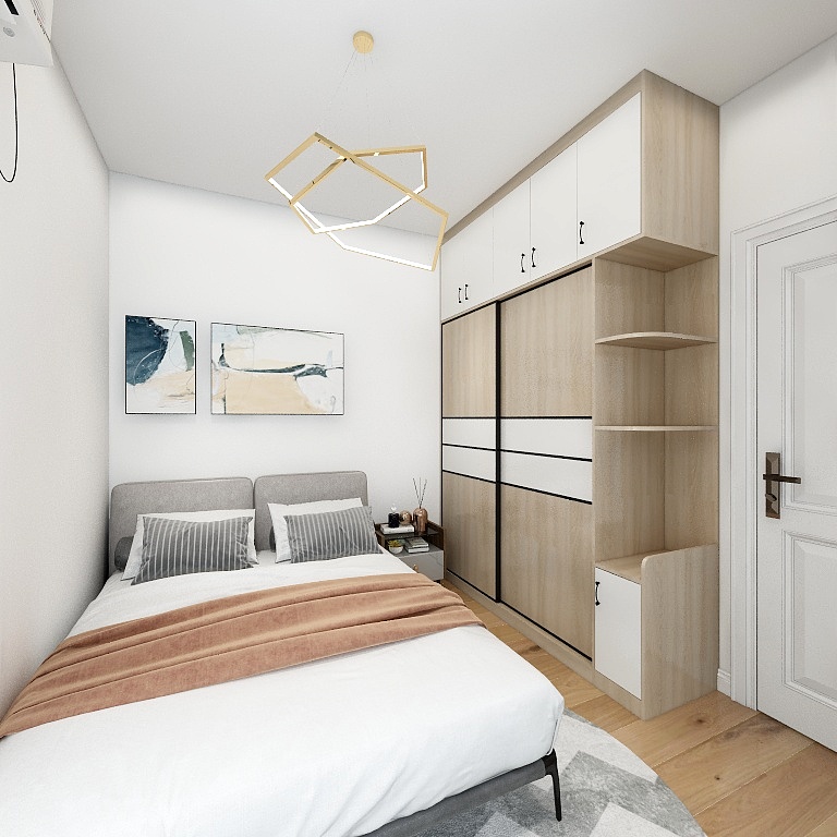 卧室以白色和木色为主要色调，摒弃了繁琐与复杂，家具造型朴质简约。