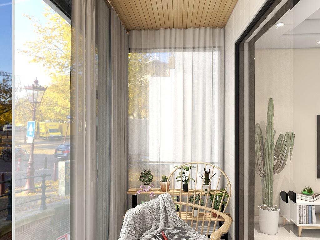 客厅阳台设计收纳柜，与顶面达成和谐统一的效果，突显出北欧风格的独特，