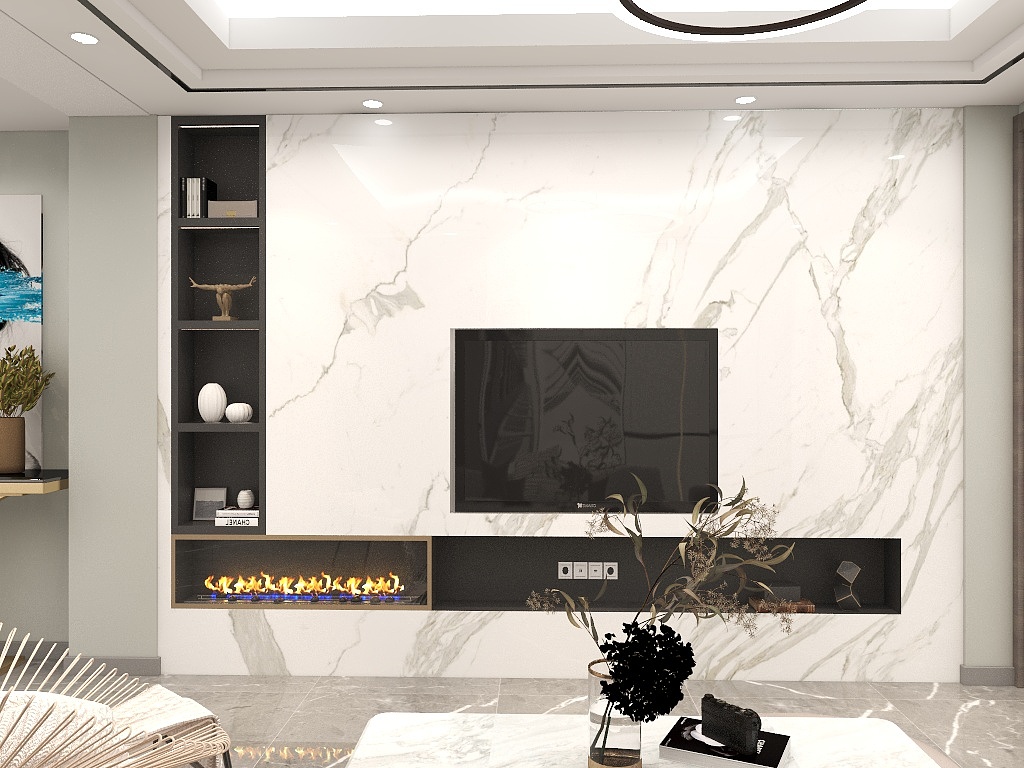 大理石背景墙打造出质感较强的空间氛围，L型收纳柜提升了空间美感。