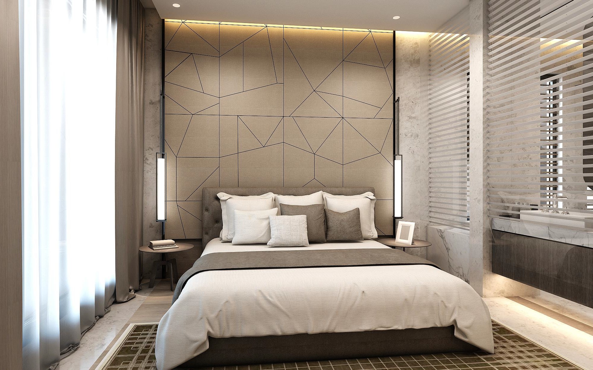 无主灯设计手法让空间显得十分干净，卧室背景墙线条感强烈，增强空间动态美。