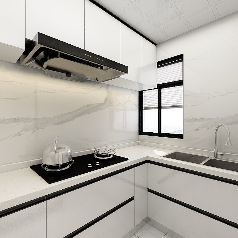 厨房空间采用白色为主，淡雅大方，局部黑色线条勾勒，雅而不俗。