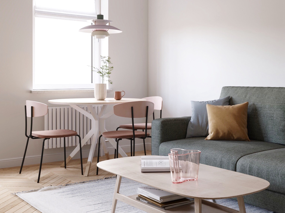 客餐一体设计，餐桌位于沙发一侧，点缀空间色感之余，还能在视觉上起到延伸空间的效果。