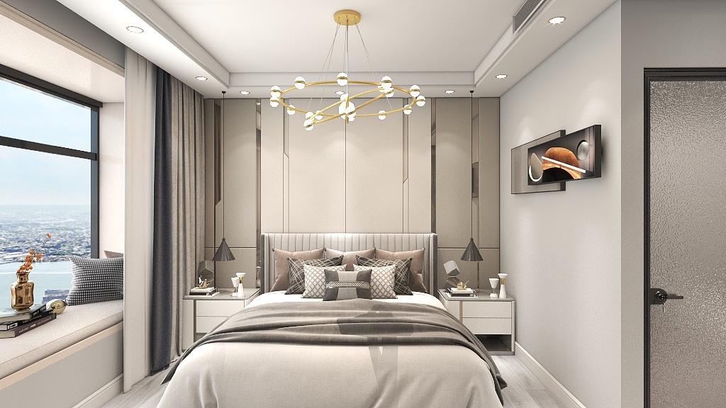 卧室舒适静谧，白色背景墙设计，以及简洁干练的线条装饰，典雅温馨。