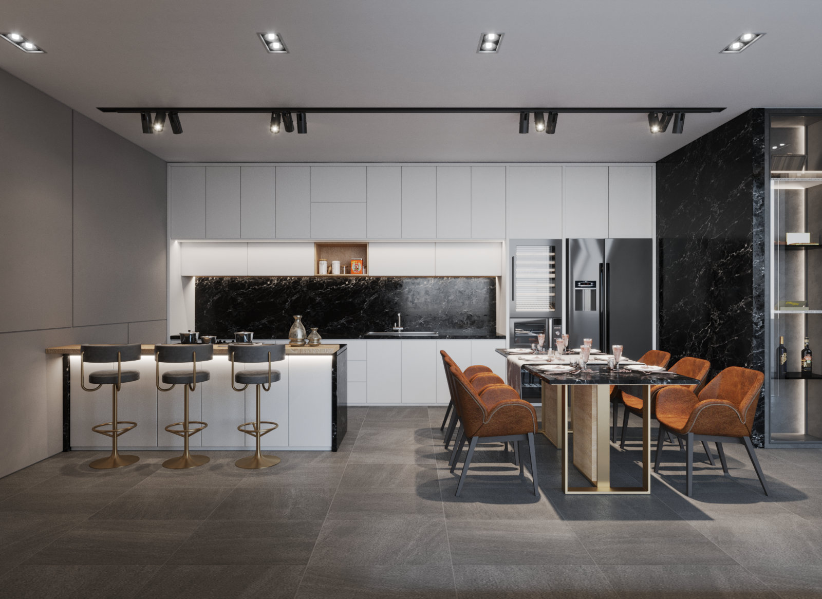 厨房与餐厅一体化设计，家具的设计上融入灰色和橙色，理性的同时又表现出活泼的氛围。