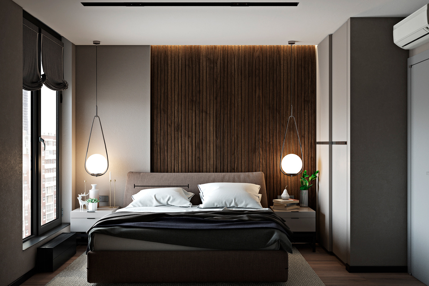 主卧采用木质格栅设计，配以床头灯具，加深了空间联动的精致与美好。