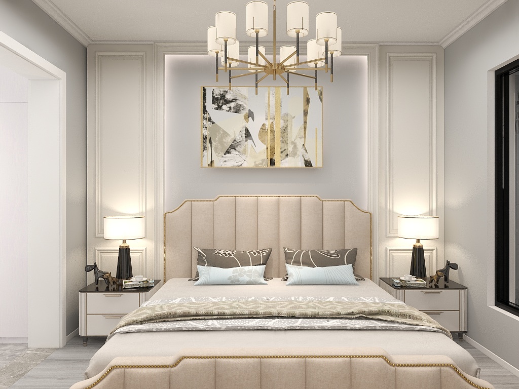 次卧以米色为主色调，床体也选择时尚稳重的米色双人床，打造出舒适内敛的卧室氛围。