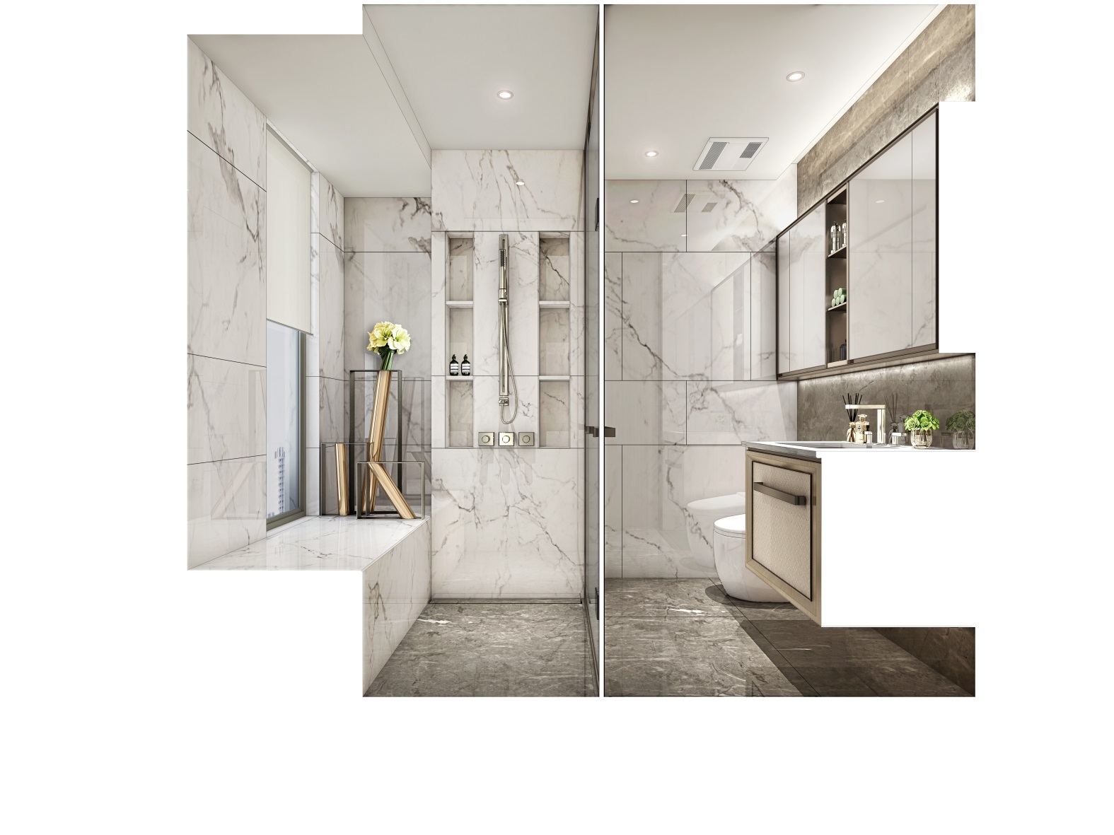 卫生间干湿分离做的很到位，白色大理石色调简单纯粹，兼具美观和实用性。
