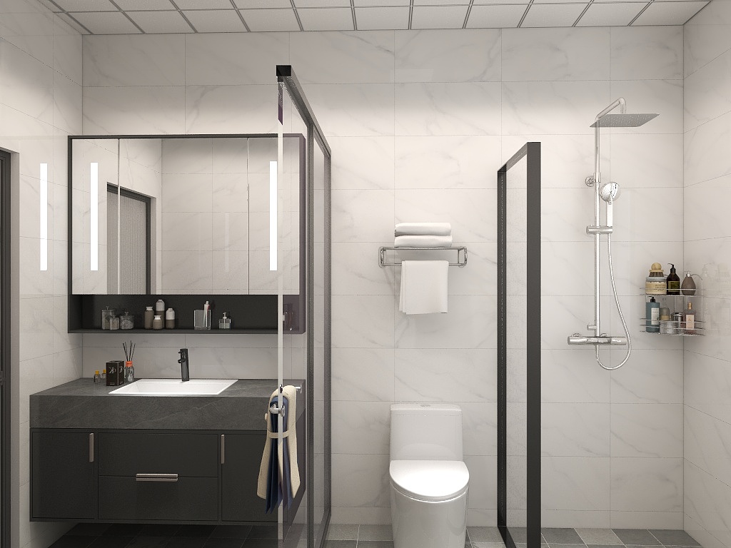 卫生间采用三式分离设计，洗手台、坐便区、淋浴区通过玻璃进行区分，动线流畅。