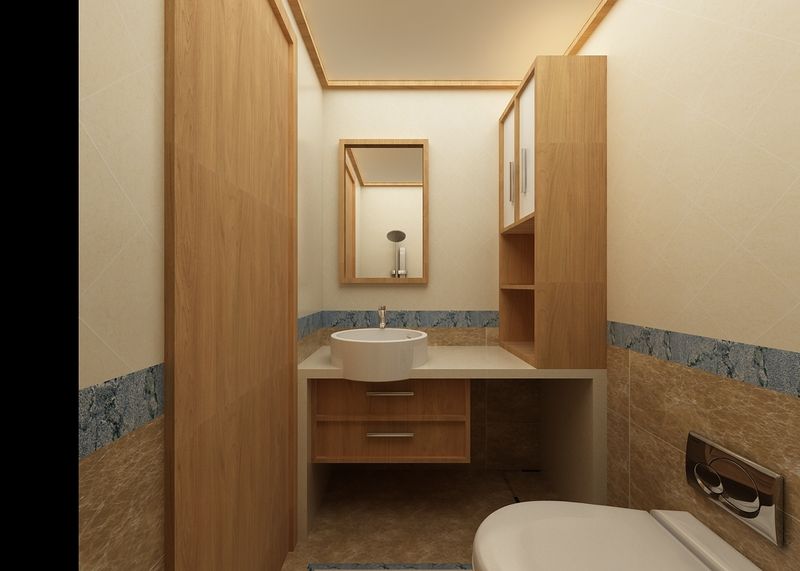 木质元素堆叠出卫浴间的层次感，白色洁具的糅合与渗透呈现出东方美学的幽然。