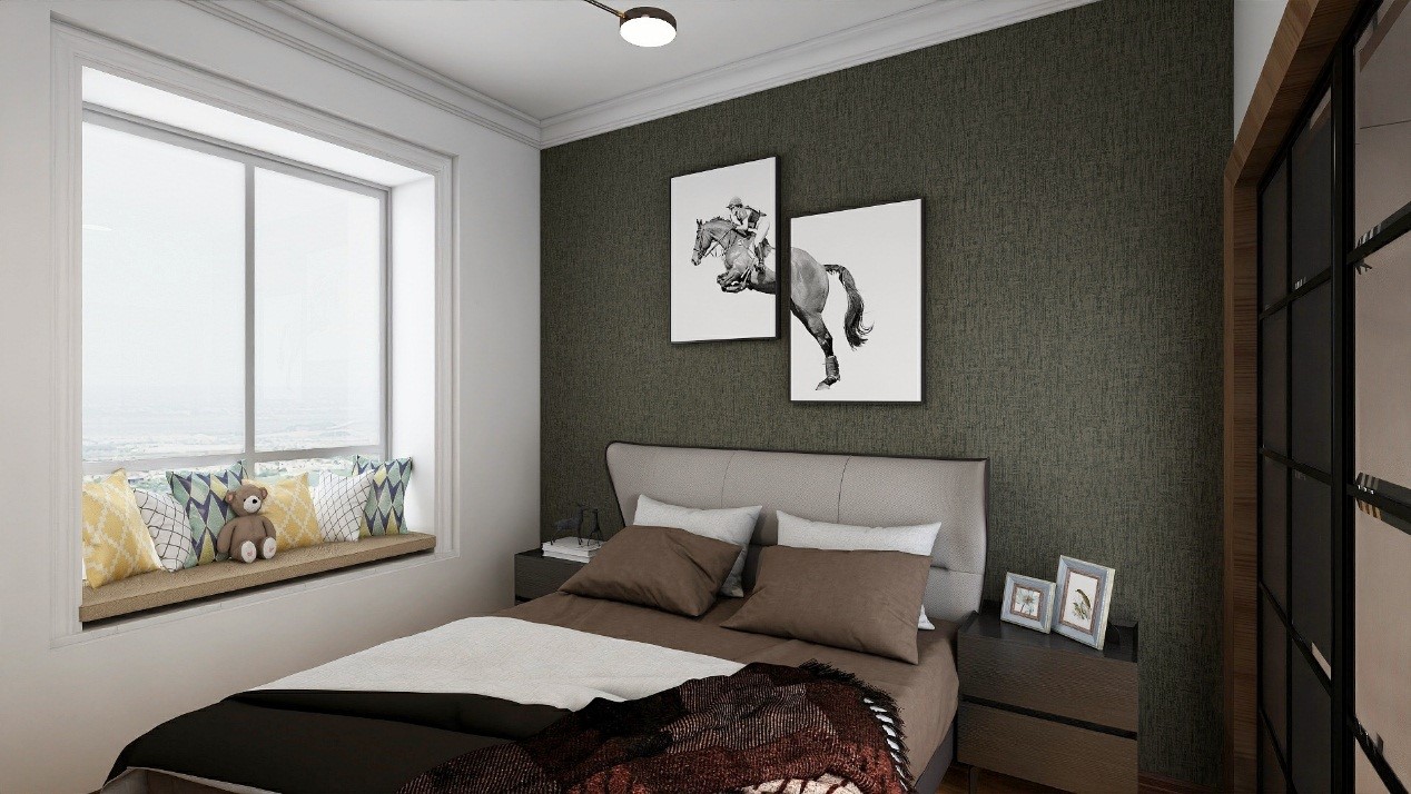 侧卧通透明亮，背景墙以端庄稳健的墨绿色打造，诠释出悠然闲适的氛围。
