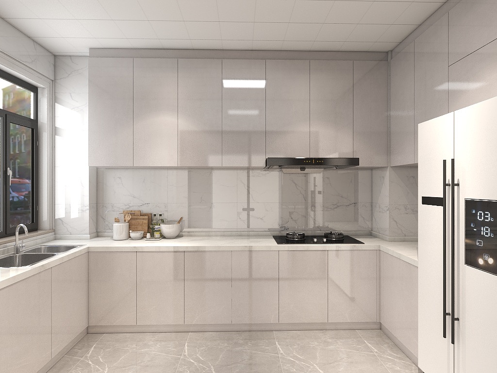 厨房空间方正大气，优雅而温润的橱柜色调，令烹饪空间更加敞亮干净。