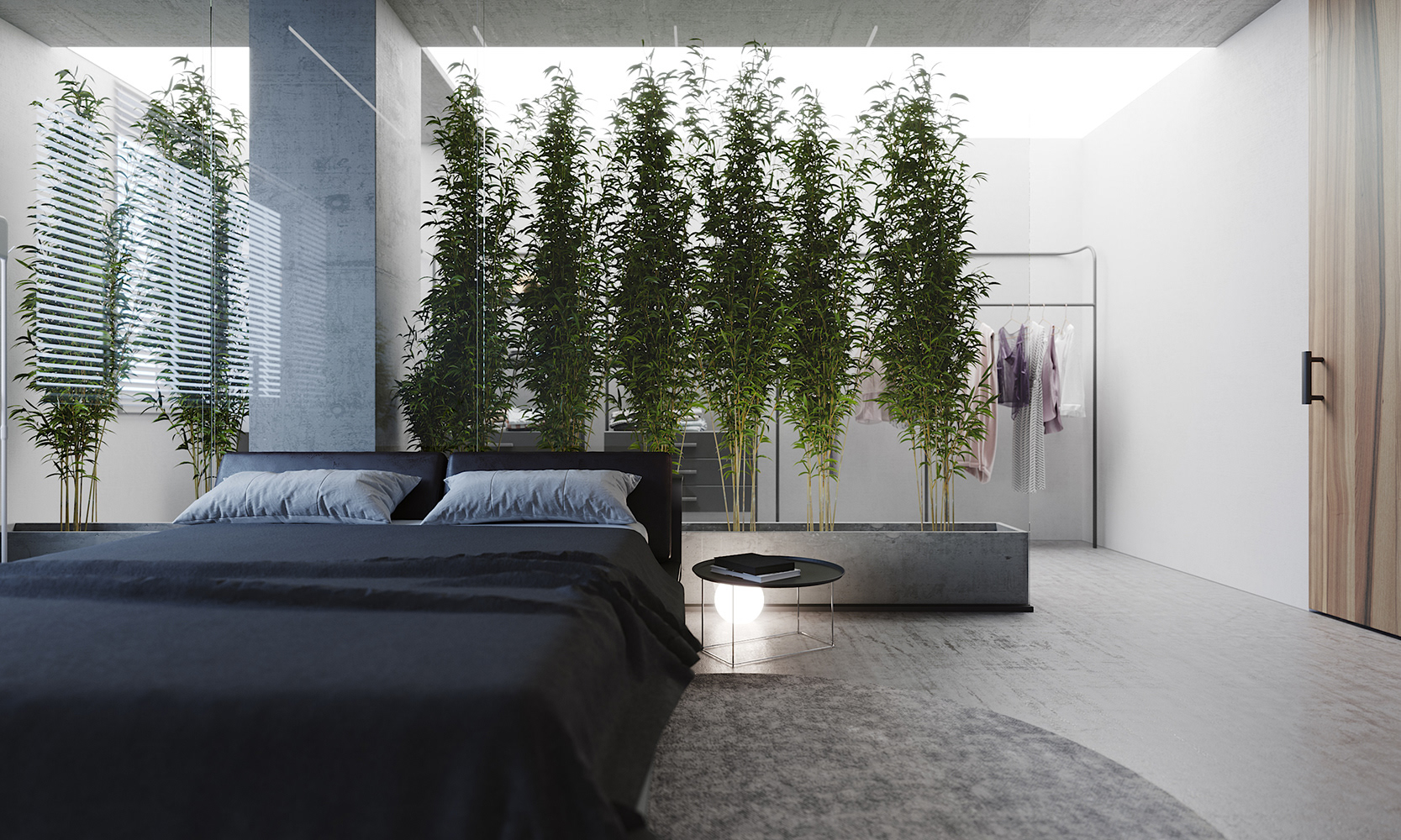 主卧设计简约精致又有几分优雅，暗色床品营造出静谧质感，绿植的融入增加了空间活力。